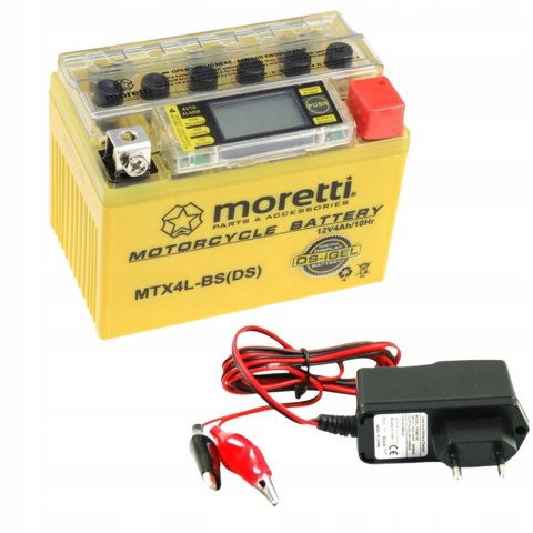 AKUMULATOR ŻEL LCD MTX4L-BS YTX4L-BS 4Ah MORETTI + ŁADOWARKA 12V