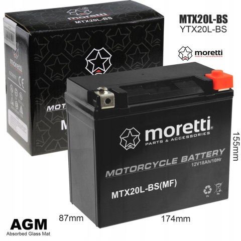 Akumulator Moretti MTX20L-BS + ŁADOWARKA DO AKUMULATORÓW ŻELOWYCH 12V 1A