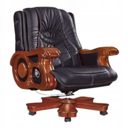 FOTEL BIUROWY GABINETOWY DX19 CZARNY LUKSUSOWY OBROTOWY SKÓRA DREWNO