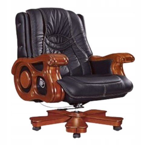 FOTEL BIUROWY GABINETOWY DX19 CZARNY LUKSUSOWY OBROTOWY SKÓRA DREWNO