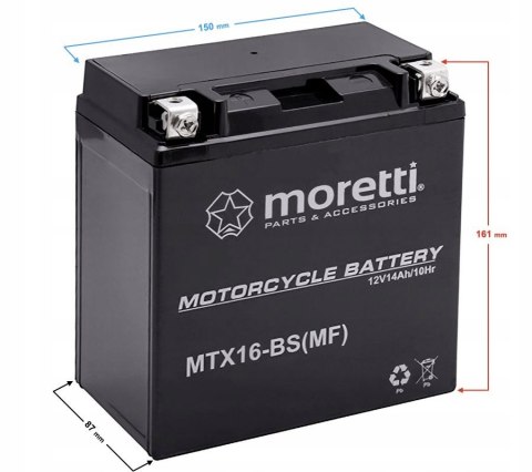 Akumulator żelowy 12V 14Ah Moretti YTX16B-BS (MTX16-BS) Martinelli