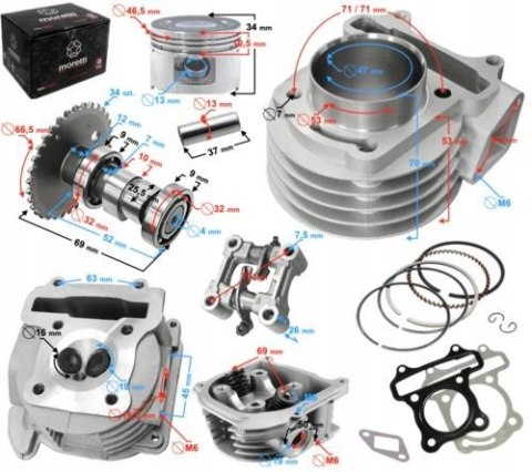 Cylinder i głowica 80cc Moretti do skutera GY6, bez zaworu recyrkulacji