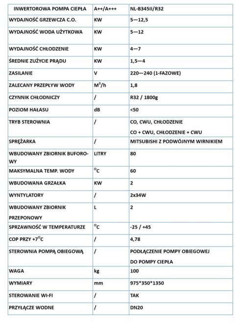 POMPA CIEPŁA NuLite NL-B345II/R32 13kW KOMPRESOR MITSHUBISHI MONOBLOK
