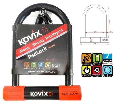 KŁÓDKA U-LOCK Z ALARMEM KOVIX KTL16-210 CZARNA