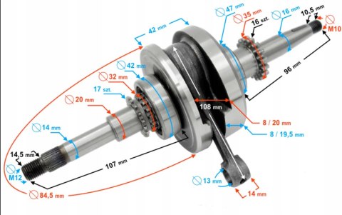 Wał korbowy skuter 4T GY6 139QMB 50-80cc wzmocniony z łożyskiem Moretti